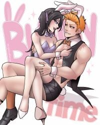 1boy 1girls background_text black_hair bleach blue_eyes bunny_ears bunny_ears_(cosmetic) bunnysuit crossed_legs dangerousbride detached_collar english_text female flat_chest heels ichigo_kurosaki kuchiki_rukia light_blush long_hair looking_at_each_other male muscular muscular_male narrowed_eyes neck_ribbon orange_eyes orange_hair sitting sitting_on_lap smiling smiling_at_each_other sparkles text very_high_resolution white_background wrist_cuffs