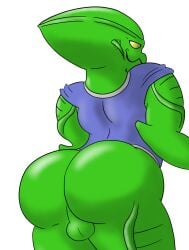 alien ass balls big_butt bottomless bubble_butt clothed clothing digital_media_(artwork) empty_eyes f-zero genitals green_body macro710 male nintendo pico_(f-zero) smile solo thatweirdguy thick_thighs yellow_eyes