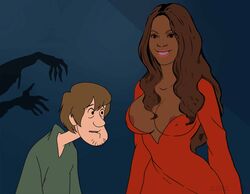 1boy 1girls beyonce_knowles big_breasts breasts busty cleavage dark-skinned_female dark_skin hanna-barbera humor inusen lipstick male scooby-doo shaggy_rogers tagme