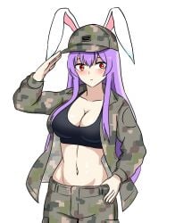 1girls big_breasts breasts bunny_ears bunny_girl cleavage clothed_female curvy curvy_female ehehe52921343 hat light-skinned_female long_hair military_hat military_uniform purple_hair red_eyes reisen_udongein_inaba salute solo solo_female sports_bra touhou white_background