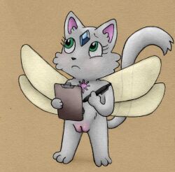 2024 4_wings animew anthro ass baby_(svtfoe) biped black_nose cheek_tuft chibi clipboard disney domestic_cat facial_tuft fairy felid feline felis female forehead_gem frown gem genitals green_eyes grey_body holding_clipboard holding_object holding_pen insect_wings looking_up mammal multi_wing nude pen pussy simple_background solo standing star_vs_the_forces_of_evil tail tuft wings