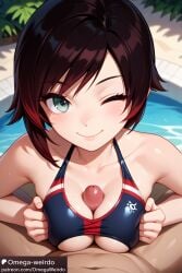 1boy 1girls ai_generated bikini dark_hair female grey_eyes kneeling male multicolored_hair omega-weirdo paizuri patreon pool poolside pov ruby_rose rwby smile titjob wink