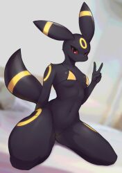 anthro ayzcube biped black_body black_eyes black_tail bottomless bra breasts clothed clothing eeveelution female fingers generation_2_pokemon genitals gesture hand_gesture hi_res kneeling looking_at_viewer multicolored_body multicolored_tail navel nintendo pokemon pokemon_(species) pussy red_sclera smile solo tail umbreon underwear v_sign yellow_body yellow_tail