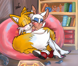 1boy 1girls aged_up anthro award bat bean_bag bedroom blue_eyes blush book bookshelf boots canine clothing controller cuddling duo embrace eyelashes female food footwear fox fur furry half-closed_eyes hi_res inside krazyelf makeup male mammal pizza rouge_the_bat shoes sitting smile sonic_(series) straight tails tails_the_fox text trophy watermark wholesome