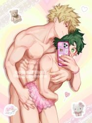 2boys abs armpits bakugou_katsuki bare_hips bare_legs blonde_hair blush bones_(studio) bracelet candy cellphone chest clothing crossdressing curly_hair femboy food freckles gay green_eyes green_hair groin hand_on_another&#039;s_hip heart hello_kitty hello_kitty_(character) hello_kitty_(series) holding holding_phone izuku_midoriya jewelry katsuki_bakugou kitty_white legs lollipop male male/male male_focus male_only midoriya_izuku minggchoww multiple_boys muscle muscles muscular muscular_legs muscular_male muscular_uke my_hero_academia my_sweet_piano nipples nude onegai_my_melody panties pastel_colors pectorals phone piano-chan pink_panties pink_skirt pink_thong_panties plush red_eyes sanrio scar selfie sexually_suggestive short_hair shounen_jump skirt smartphone smile spiked_hair sticker stuffed_animal stuffed_toy swimsuit teddy_bear teenager thong topless twink underwear yaoi