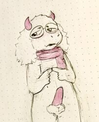 absurd_res anthro blush bovid caprine deltarune eyewear fingertips_touching fluffy_ears genitals glasses hi_res looking_at_viewer male male_only mammal penis ralsei ralsei_with_white_fur scarf shy solo surette_(artist) tapering_penis traditional_media_(artwork) undertale_(series)