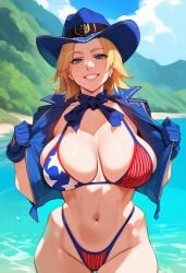 2d ai_generated american_flag_bikini big_breasts bikini blonde_hair cowboy_hat day dead_or_alive female_focus gloves hat highleg lake open_vest outdoors smile solo solo_female solo_focus tagme tina_armstrong vest