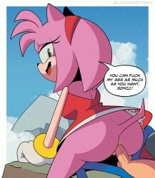 1boy 1girls amy_rose anal anal_sex anthro anus artstyle_imitation ass blue_skin bottomless bracelet dialogue female_on_top female_penetrated furry green_eyes hedgehog idw_comics kangarart male_penetrating male_penetrating_female partially_clothed penis pink_skin reverse_cowgirl_position sega sex sonic_(series) sonic_the_hedgehog sonic_the_hedgehog_(series) straight style_parody testicles text upskirt_sex