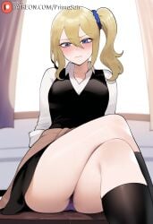 ai_generated black_socks blonde_hair blue_eyes breasts crossed_legs hair_between_eyes hayasaka_ai kaguya-sama_wa_kokurasetai_~tensai-tachi_no_renai_zunousen~ leaning_back panties primosan pussy_juice school_uniform side_ponytail sitting socks