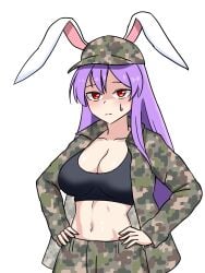 1girls big_breasts breasts bunny_ears bunny_girl cleavage clothed_female curvy curvy_female ehehe52921343 hands_on_hips hat light-skinned_female long_hair military_hat military_uniform purple_hair red_eyes reisen_udongein_inaba solo solo_female sports_bra sweatdrop touhou white_background