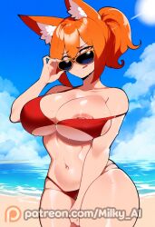 1girls ai_generated beach big_breasts bikini embarrassed fox_ears fox_girl hi_res looking_at_viewer looking_over_eyewear looking_over_sunglasses milky_ai nipple_slip nipples orange_eyes orange_hair original original_character ponytail portrait sunglasses thiccwithaq_(ai_style) thick_thighs tinted_eyewear wet yumi_(milky_ai)