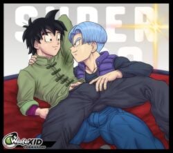 2boys bed black_eyes black_hair blue_hair clothed clothed_male dragon_ball friends gay grabbing_legs hand_on_leg happy happy_sex male male/male male_only muscles muscular muscular_male open_legs pubic_hair sitting sitting_on_person son_goten spread_legs teenager trunks_briefs woofer_kid yaoi young younger_male