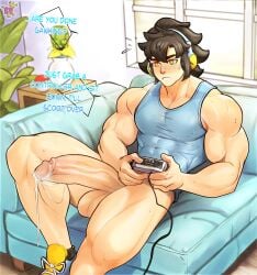 balls bara big_penis blush boner bottomless erection gijinka kingdom_velvet luxray male male_only muscles muscular muscular_male nintendo pantsless penis pokemon solo solo_male sweat sweating text