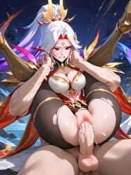 1boy 1girl1boy ai_assisted ai_generated black_socks boob_window choke_hold clenched_teeth domination eyeliner female forehead_mark full_nelson hair_ornament hanabi_(mobile_legends) hand_behind_another's_head male_domination medium_breasts mobile_legends