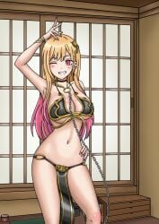 1girls 2020s bare_arms bare_legs bare_midriff bare_shoulders bare_thighs bedroom bedroom_background bedroom_setting belly_button big_breasts bikini bikini_top black_bikini black_bikini_top black_loincloth blonde_hair blush bracelet breasts chain_leash chained chained_collar chained_up chains choker cleavage collar cosplay crossover crossover_cosplay dancer ear_piercing earrings female female_only flirting flirting_with_viewer gold_(metal) gold_bracelets gold_collar gold_hair_ornament gold_jewelry golden_bracelets golden_collar golden_hair_ornaments gyaru hair_ornament highlights_(coloring) house huge_breasts inner_sideboob kitagawa_marin large_breasts leash leash_and_collar leashed_collar leashed_female light-skinned_female light_skin loincloth long_fingernails long_hair metal_collar midriff multicolored_hair nail_polish navel open_mouth pink_eyes pink_hair pink_highlights pink_nail_polish pink_nails revealing_clothes silver_ear_piercing silver_earrings skimpy_clothes slave slave_bikini slave_collar slave_leia slave_leia_(cosplay) slave_outfit slavegirl solo sono_bisque_doll_wa_koi_wo_suru star_wars wink winking winking_at_viewer zarohidehire