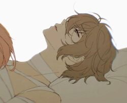 2boys bandage bandaged_neck bandages bandages_around_chest blush bottom_dazai brown_eyes brown_hair brunet bsd bungo_stray_dogs bungou_stray_dogs dazai_osamu eyes implied_sex laying laying_down lying_on_back male male/male male_focus male_only on_back osamu_dazai partner_out_of_shot red_hair