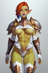 ai_generated areola areola_bulge areola_slip areolae areolae_slip armor big_lips blue_eyes female female_focus female_knight female_only freckles freckles_on_face freckles_on_thighs frills mascara mozag_(rodinsinker) navel nipples_visible_through_clothing orc orc_female original_character panties red_hair rodinsinker scar scars solo solo_female stable_diffusion