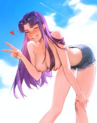 1girls areolae big_breasts blush breasts cloud clouds denim_shorts female female_only heart hi_res highres leaning_forward legs light-skinned_female light_skin limart long_hair looking_at_viewer misato_katsuragi neon_genesis_evangelion nipples outdoors peace_sign purple_eyes purple_hair shorts smile smiling_at_viewer solo solo_female thighs topless v wholesome wink winking_at_viewer