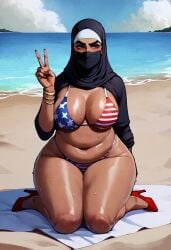 ai_generated american_flag_bikini arabian arabian_female ass big_ass big_breasts breasts civitai dark-skinned_female dumptruck_ass fat_ass female female_focus female_only hijab huge_ass mandaballs muslim muslim_female patriotic_clothing patriotism presenting_hindquarters showing_off showing_off_ass solo squatting thiccwithaq_(ai_style)