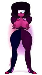 big_breasts black_hair blushmallet breasts breasts_out brown_skin crossed_arms dressed erect_nipples female garnet_(steven_universe) gem_(species) gem_fusion glasses looking_at_viewer nipples smiling smiling_at_viewer steven_universe thick_hips thick_lips