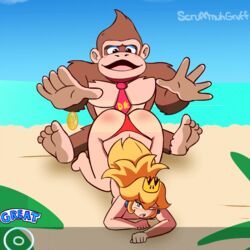 1boy 1girls all_fours animated ape ass ass_slap ass_up beach bestiality big_ass bikini_bottom blonde_hair breasts donkey_kong donkey_kong_(series) female femsub full_body gameplay_mechanics hetero interspecies long_hair looking_at_another male maledom mario_(series) nintendo outdoors princess_peach red_ass red_bikini red_thong scruffmuhgruff sitting spank_marks spanking thong thong_bikini topless