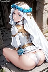 1girls ai_generated ass ass_focus blue_eyes braided_hair doll_joints dress dress_lift elden_ring elden_ring_nightreign female female female_only from_behind fromsoftware long_hair looking_at_viewer looking_back_at_viewer medium_breasts panties patreon revenant_(nightreign) salupai showing_ass showing_panties sitting smug solo solo_female tight_panties uncensored veil watermark white_dress white_hair white_panties