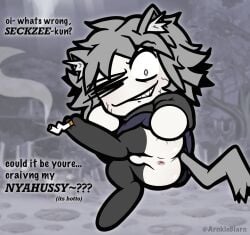 absurd_res age_difference anthro anus arnkleblarn ass backsack balls black_clothing black_legwear black_tights bottomless bottomless_male bulge bulge_from_behind butt_focus butt_grab chibi cigarette clothed clothing dialogue feet felid feline genitals glistening glistening_butt grey_body grey_hair grey_skin hair hand_on_butt hi_res holding_object_with_feet humanoid hybrid legwear male mammal melty_blood meme neco-arc_chaos neco_spirit older_male one_eye_closed sharp_teeth short_stack smile smiling_at_viewer solo speech_bubble spread_anus spread_butt spreading sweater tail teeth thigh_highs tights topwear tsukihime type-moon