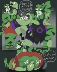 2025 armpit_sniffing balls_outline bear_hug blush bodily_fluids bulge cjk_character cjk_character_tattoo clothing colored detailed_bulge dialogue duo english_text erection_through_clothing facesitting felid genital_outline green_body hi_res itami_(character) knightferret lizard male male/male mammal musky_armpit pantherine rear_view reptile saliva saliva_on_tongue scalie sitting_on_another sniffing spiral spiral_eyes tattoo text tiger tongue tongue_out torn_clothing wrestler wrestling wrestling_singlet