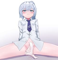 artist_request blue_eyes blue_necktie blush closed_mouth collared_shirt commentary_request commission female gradient_background grey_hair hair_between_eyes highres korean_commentary long_hair looking_at_viewer necktie original panties pussy_juice second-party_source shirt sitting solo spread_legs underwear white_panties white_shirt