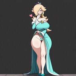 1girls ai_generated blonde_hair closed_eyes crown cyan_dress cyan_thong exposed_torso exposing exposing_self hamburgerjoy hand_on_dress hand_on_mouth heart heart_symbol heels laugh laughing_at_viewer lifting lifting_dress lifting_own_clothes lifting_skirt lipstick mario_(series) princess_rosalina red_lipstick solo solo_female solo_focus star_earrings star_symbol super_mario_bros. super_mario_galaxy teal_dress teal_thong thick_thighs thighs thong upskirt