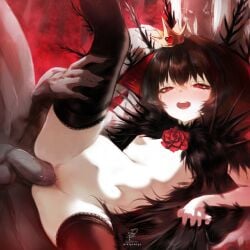 1boy 1girls ars_lycorys artist_name black_cloak black_hair black_souls black_souls_2 black_thighhighs blush brooch cloak clothes_grab colored_skin commission crown female flat_chest flower flower_brooch fur_cloak grey_skin grimm_(black_souls) highres jewelry leg_lift lorina_(black_souls) lying on_side open_mouth pale_skin penis petite pussy red_eyes red_flower red_rose rose sex short_hair straight thighhighs uncensored vaginal_penetration watermark
