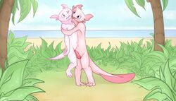 amphibian anthro axolotl beach bodily_fluids brother brothers cum duo genital_fluids hi_res hug kitsune2000 male mole_salamander penis salamander_(amphibian) seaside sibling young