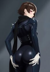 1girls ass ass_focus black_scarf blush brown_hair gloves grey_background hand_on_own_ass highres looking_at_viewer makoto_niijima medium_hair mikan_zakuro persona persona_5 presenting red_eyes scarf shiny_clothes shoulder_spikes spikes white_gloves