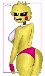 animatronic animatronic_female animatronic_girl back_view black_sclera bro_jimmy chicken fingerless_gloves five_nights_at_freddy's head_turned panties solo toy_chica toy_chica_(fnaf) white_pupils