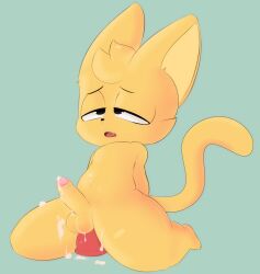 absurd_res anal anthro anus ass balls big_butt bodily_fluids cum cum_inside cum_on_penis dave_(character) dildo ejaculation erection felid feline foreskin fur genital_fluids genitals hi_res male male/male mammal nil3 nude orgasm penetration penis red sex sex_toy simple_background smile solo tail yellow_body