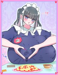 !? ... 1girls akiyoshi_akira alternate_breast_size big_breasts blue_eyes blush blush_lines breast_focus breasts breasts_bigger_than_head eyebrows eyebrows_visible_through_hair eyelashes female female_focus female_only gigantic_breasts grey_hair heart_symbol huge_breasts large_breasts long_nails maid_headdress massive_breasts moe_moe_kyun! nipple_bulge nymph_0010 omurice original original_character painted_nails shirt solo solo_female solo_focus someone_else's_oc tied_hair top_heavy top_heavy_breasts upper_body