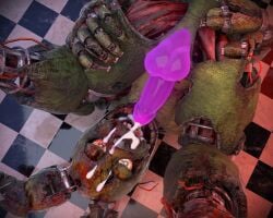 1boy animatronic autofellatio corpse cum_in_mouth cum_on_face five_nights_at_freddy's legs_apart legs_spread solo springtrap springtrap_(fnaf) william_afton