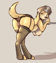 2020 animal_genitalia animal_vulva anthro anus ass bedroom_eyes bent_over big_butt breasts brown_hair canid canine canis clothing crotchless_clothing crotchless_underwear digitigrade domestic_dog easy_access female female_anthro fishnet_clothing fishnet_legwear floppy_ears frilly frilly_clothing frilly_panties frilly_underwear full-length_portrait garter_straps genitals grey_background hair hanging_breasts hi_res legwear lingerie looking_at_viewer looking_back mammal narrowed_eyes neemyart nipples panties portrait presenting presenting_anus presenting_hindquarters presenting_vulva puffy_anus raised_tail seductive simple_background smile solo standing tail underwear vulva wide_hips