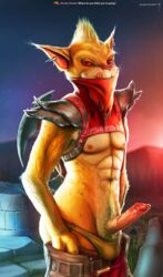 2019 abs anthro armpit_hair balls bodily_fluids bounty_hunter_(dota) clothing dota dota_2 erection face_mask felid genital_fluids genital_piercing gondar_the_bounty_hunter hi_res humanoid_penis looking_at_viewer male male_only mammal muscular muscular_male naughtyrodent nipples pecs penis penis_piercing piercing precum prince_albert_piercing pubes solo valve video_games