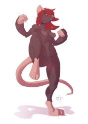 akna_(bahumot) anthro areola black_body black_fur braided_hair braided_pigtails breasts digital_media_(artwork) drawholic feet female fur genitals green_eyes hair hi_res looking_at_viewer mammal murid murine nipples nude nude_anthro nude_female on_one_leg rat rat_tail red_hair rodent simple_background small_breasts solo standing tail toes twintails vulva