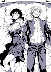 1boy 1boy1girl 1girls bashful black_and_white black_hair blonde_hair blush bra bra_peek chainsaw_man clothed clothed_female clothed_male denji_(chainsaw_man) embarrassed exposed exposed_breasts female half-dressed holding_hands jacket jacket_open long_hair male mitaka_asa on_back on_bed open_clothes open_shirt school_uniform schoolboy schoolgirl sharp_teeth shirtless shirtless_male short_hair skgora9 skirt skirt_up twintails undressing