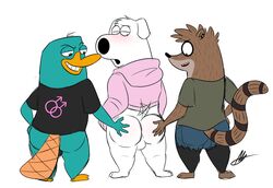 2019 4_fingers anthro ass balls beak blush brian_griffin brown_fur butt_grab butt_pose canid canine canis cartoon_network clothed clothing colored_sketch digital_media_(artwork) disney domestic_dog family_guy fingers floppy_ears fur gay green_fur group hand_on_butt hi_res male male_only mammal monotreme open_mouth perry_the_platypus phineas_and_ferb platypus procyonid raccoon raymondfoxxx regular_show rigby_(regular_show) short_tail sketch smile tailwag white_background white_ears white_fur white_tail yellow_beak