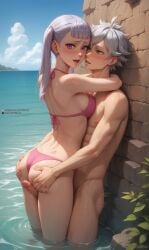 ai_generated ass_grab asta_(black_clover) beach bikini black_clover hug noelle_silva vuxkan