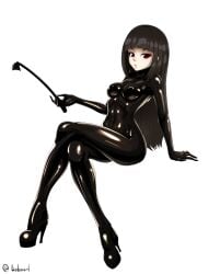 1girls atlus black_bodysuit black_hair blunt_bangs bodystocking bodysuit breasts female female_focus female_only full_body_suit heels high_heels hime_cut latex latex_bodysuit latex_suit light-skinned_female light_skin lisden long_hair megami_tensei nipple_bulge nipples nipples_outside nipples_visible_through_clothing pale-skinned_female pale_skin red_eyes riding_crop shin_megami_tensei shin_megami_tensei_iv shin_megami_tensei_iv_final small_breasts solo solo_female solo_focus tight_clothing toki_(shin_megami_tensei_iv_final) whip