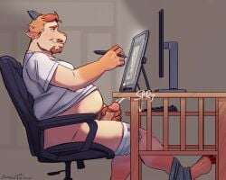 5:4 absurd_res anthro beard belly_fur bodily_fluids bottomwear bovid briefs caprine chair clothing clothing_aside computer_monitor cum cum_on_desk cum_on_surface cum_on_table curling_toes desk drawing drawing_tablet ejaculation erection facial_hair feet furniture genital_fluids genitals goat goatee hand_on_penis hi_res horn humanoid_genitalia humanoid_penis male mammal masturbation mikro mikrogoat office_chair pants penis shirt solo sound_effects table tablet tablet_pen topwear underwear underwear_aside