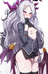 absurdres aroused black_gloves blue_archive blush breasts breasts_out censored clothes_lift clothing_aside commentary demon_girl demon_horns demon_wings female fingering gloves hair_ornament hairclip halo highres hina_(blue_archive) horns konoshige_(ryuun) long_hair looking_at_viewer nipples panties panties_aside parted_bangs presenting purple_eyes pussy_juice shirt_lift simple_background small_breasts solo sweat thick_thighs thighhighs thighs underwear very_long_hair white_background white_hair wings