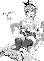 1boy absurdres asanagi atelier_(series) atelier_ryza bar_censor belt belt_buckle black_bow black_legwear bow breasts buckle censored dated eyebrows_visible_through_hair feet female hair_ornament hairclip hat highres holding jewelry monochrome navel necklace parted_lips penis reisalin_stout sex short_hair short_shorts shorts simple_background sitting sitting_on_person smile star star_necklace thighs white_background