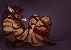 anthro beard blush bondage bondage bound brown_beard brown_body brown_facial_hair brown_fur brown_hair brown_nipples brown_penis chumbasket ear_piercing facial_hair frogtied fur genital_piercing genitals gloves_(marking) hair hyena leg_markings legs_tied male male_anthro mammal markings mouth_closed nipples nude obscured_eyes penis penis_piercing piercing prince_albert_piercing restraints rope rope_bondage short_hair side_view socks_(marking) solo striped_arms striped_legs striped_markings striped_tail stripes tail tail_markings tan_body tan_fur