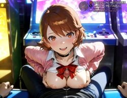1boy :d ai_generated atlus black_choker black_pants blush bow bowtie breasts breasts_out breasts_squeezed_together brown_eyes brown_hair cardigan censored choker clothes_lift collarbone collared_shirt earrings erection eyelashes female gekkoukan_high_school_uniform indoors jacket jewelry large_breasts long_sleeves looking_at_viewer medium_hair meitabuu mosaic_censoring nipples no_bra open_cardigan open_clothes open_mouth open_shirt paizuri paizuri_under_clothes pants penis persona persona_3 persona_3_reload pink_cardigan pov pov_crotch red_bow red_bowtie school_uniform shirt shirt_lift short_hair smile solo_focus straight stud_earrings sweat swept_bangs teeth uncensored upper_teeth_only white_shirt yukari_takeba yukari_takeba
