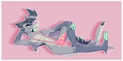 anthro chaz_(helluva_boss) clothing erection erection_under_clothing fish helluva_boss hi_res male marine missing_tooth pink_clothing pink_speedo pink_swimwear shark shark_tail smile smirk solo speedo swimwear syforg